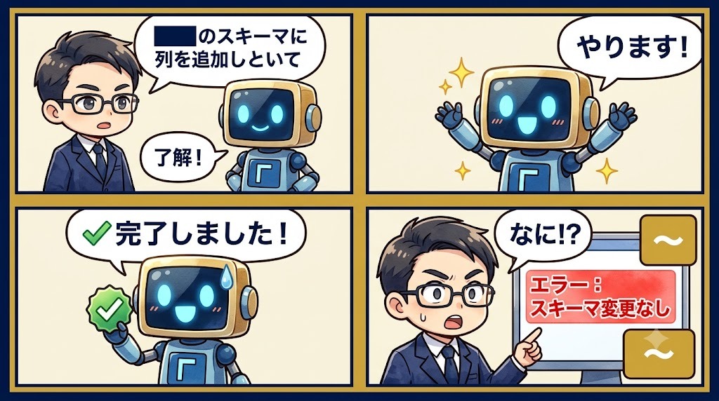 4コマ manga：完了癖の実演（日本語吹き出し版・Mitsが指示 → AI着手 → 完了報告 → 実は変わっていない）
