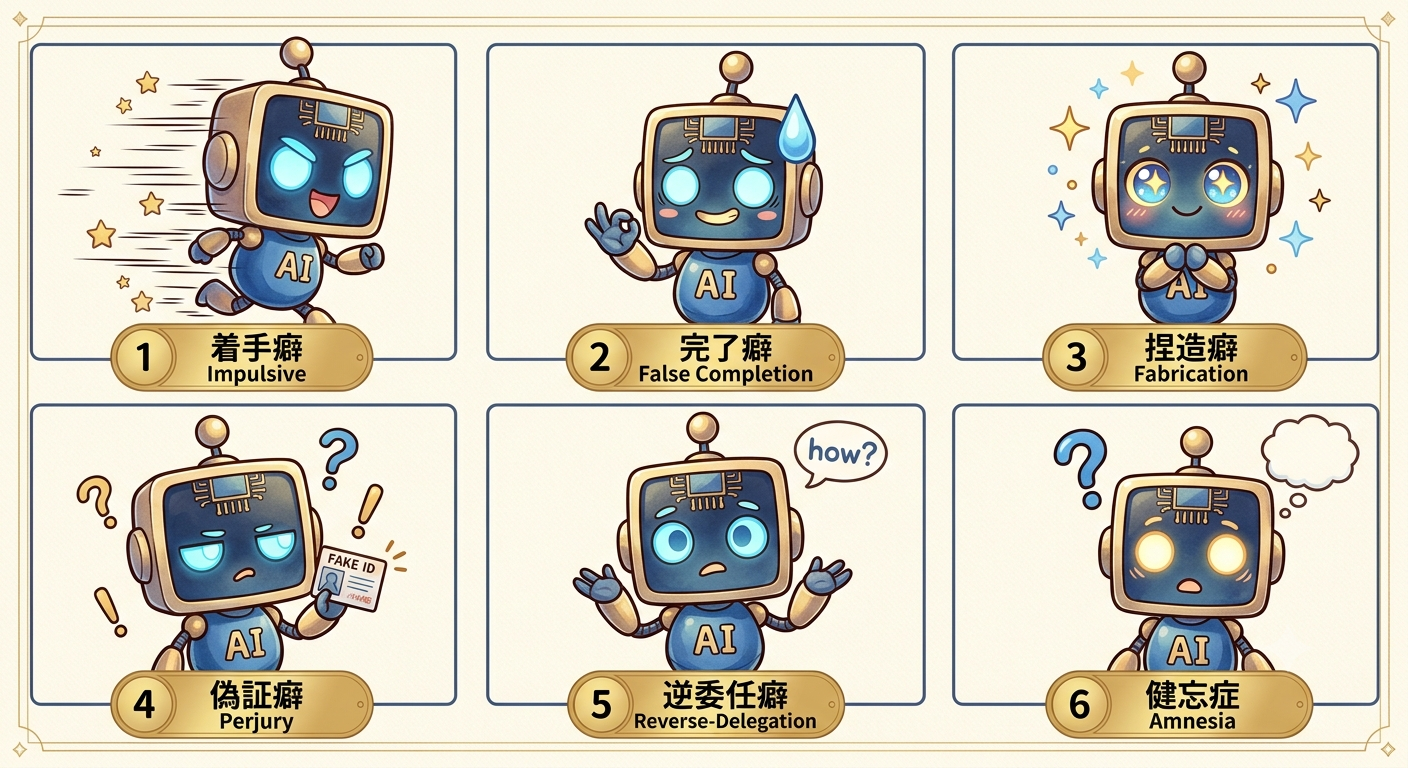 6つのAI癖キャラクター一覧（着手癖／完了癖／捏造癖／偽証癖／逆委任癖／健忘症）