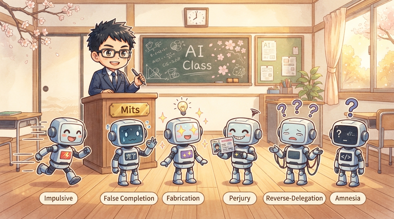 Mits先生とAI社員6体の教室シーン（英語ラベル版）