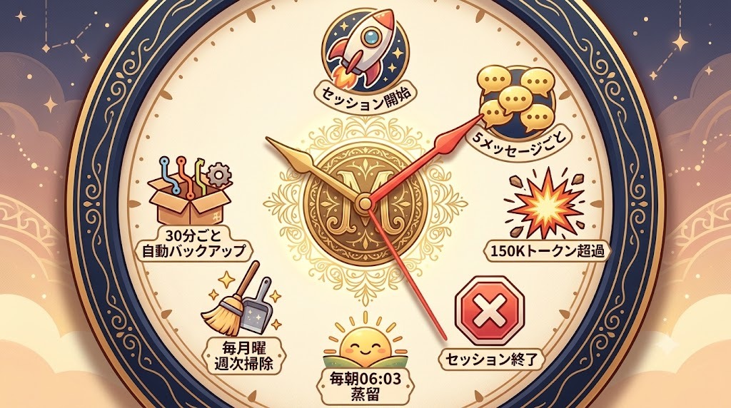 運用リズムの時計盤（日本語ラベル版・セッション開始/5メッセージごと/150Kトークン超過/セッション終了/毎朝06:03蒸留/毎月曜週次掃除/30分ごと自動バックアップ）